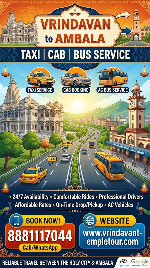Vrindavan to Ambala Taxi | Cab | Bus Service