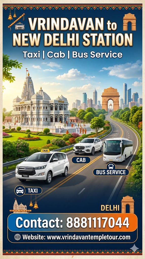 Vrindavan to New Delhi Station Taxi | Cab | Bus Service